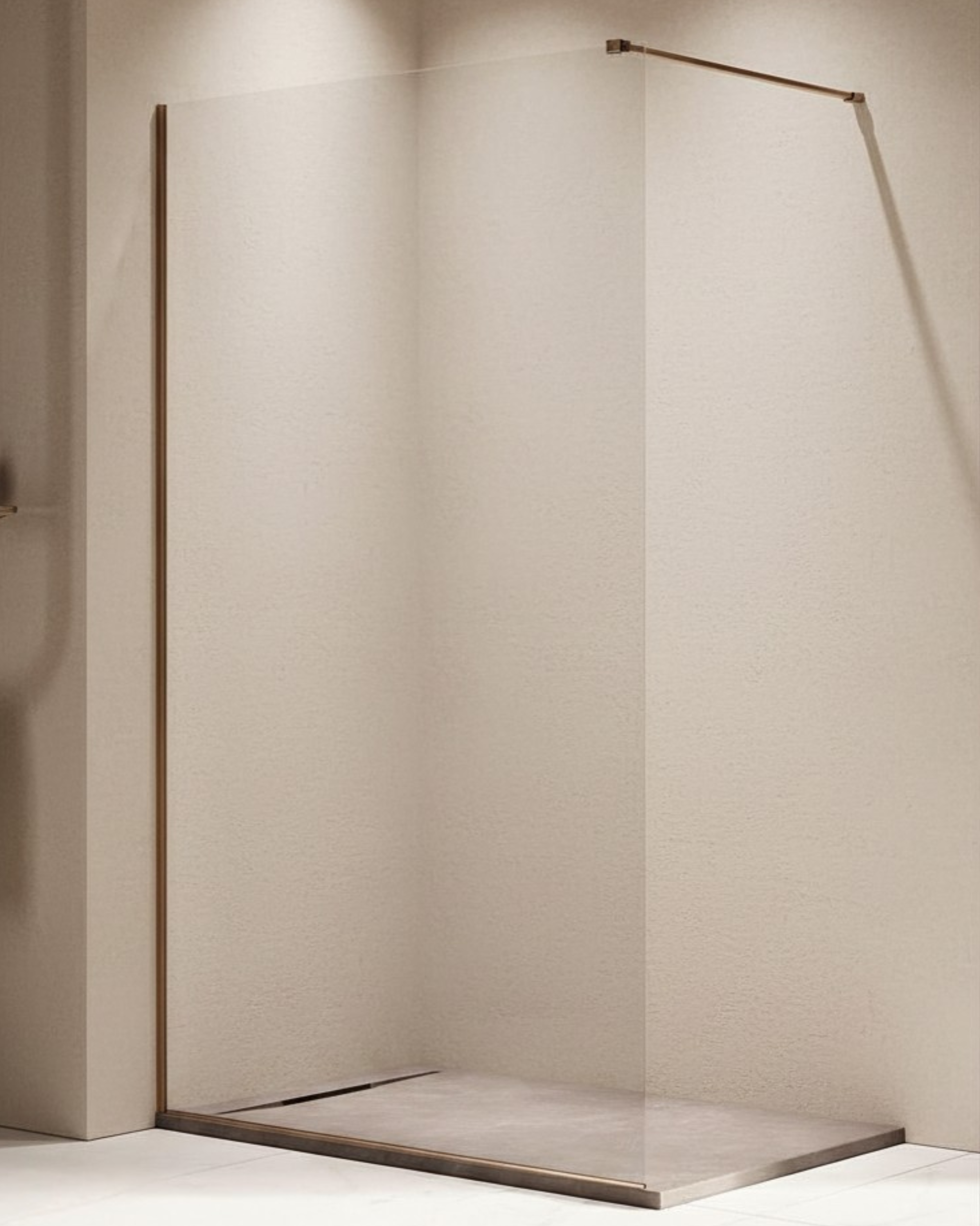 ALDI COPPER Walk-in Cristallo 6mm Trasparente Profili Rame Spazzolato H200 - 90cm con Braccio Doccia